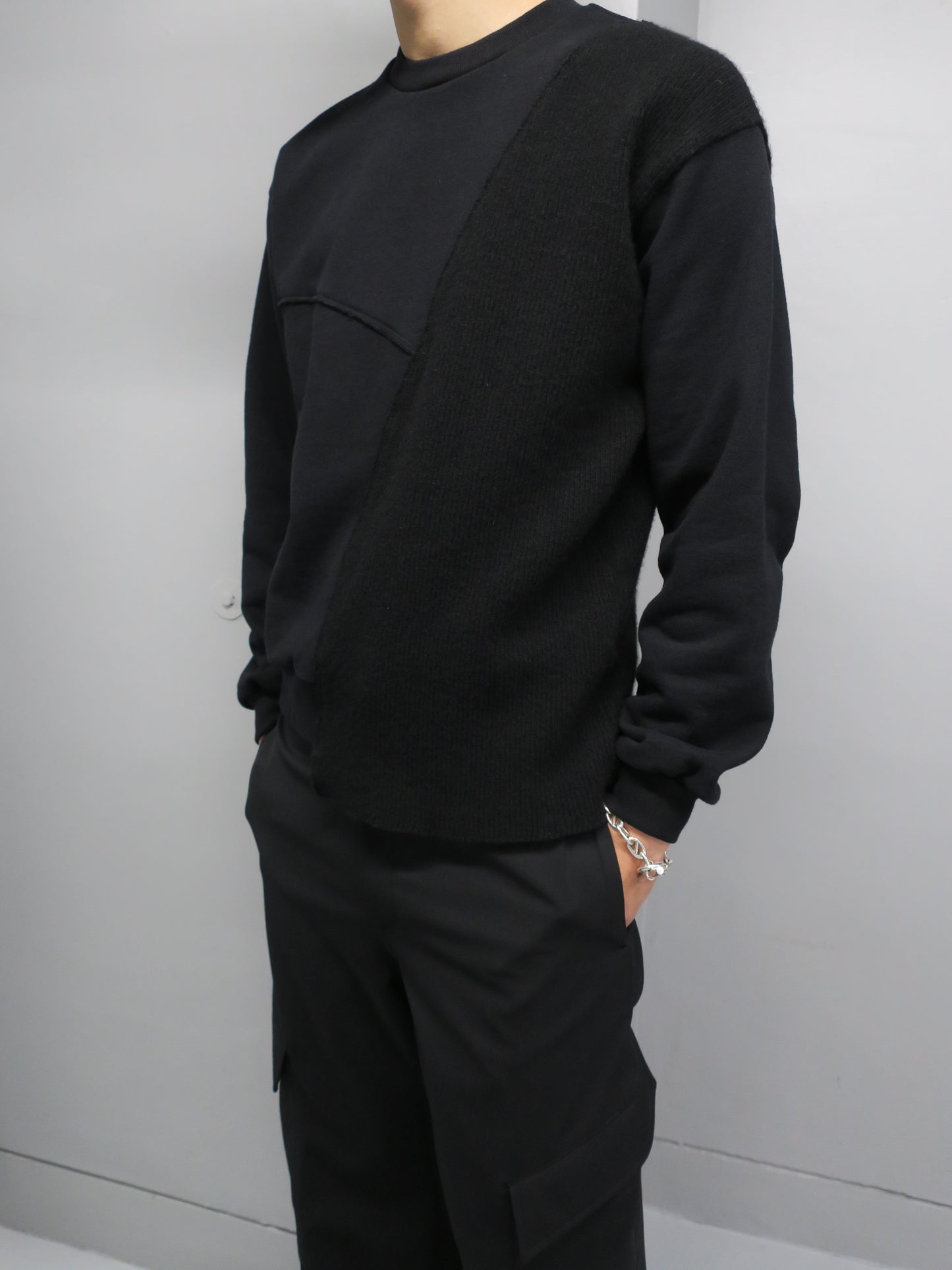 REBUILT TEXTURED PANEL KNIT COMBI SWEATSHIRT/ BLACK