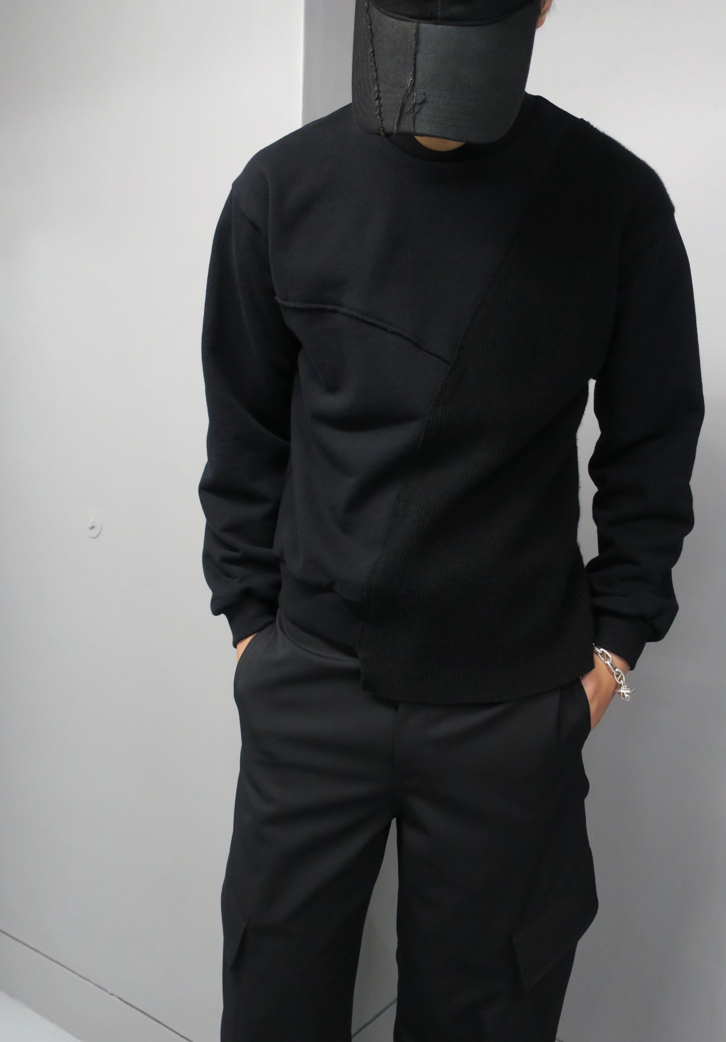 REBUILT TEXTURED PANEL KNIT COMBI SWEATSHIRT/ BLACK