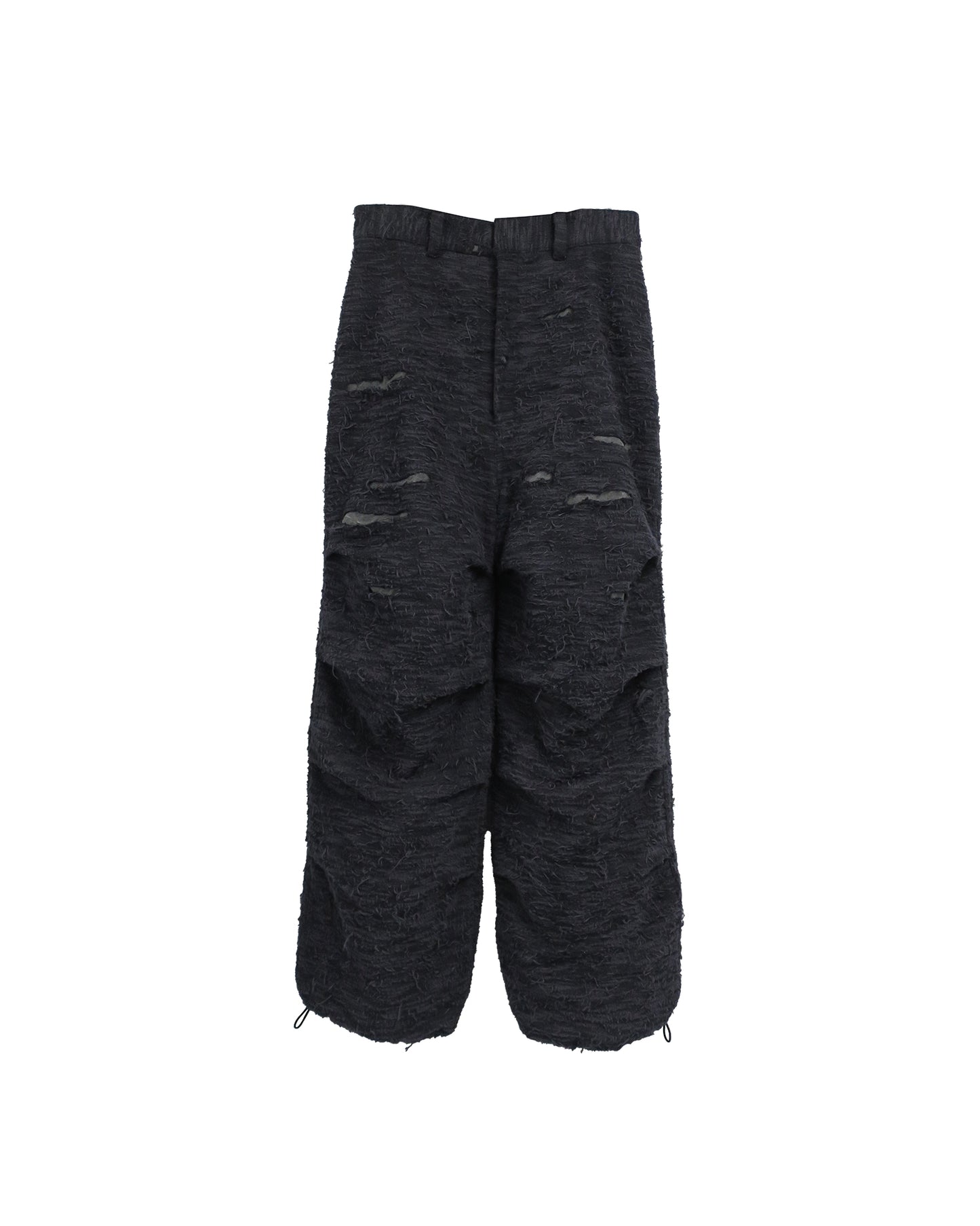 DISTRESSED  FABRIC 4-TUCK TROUSERS / BLACK