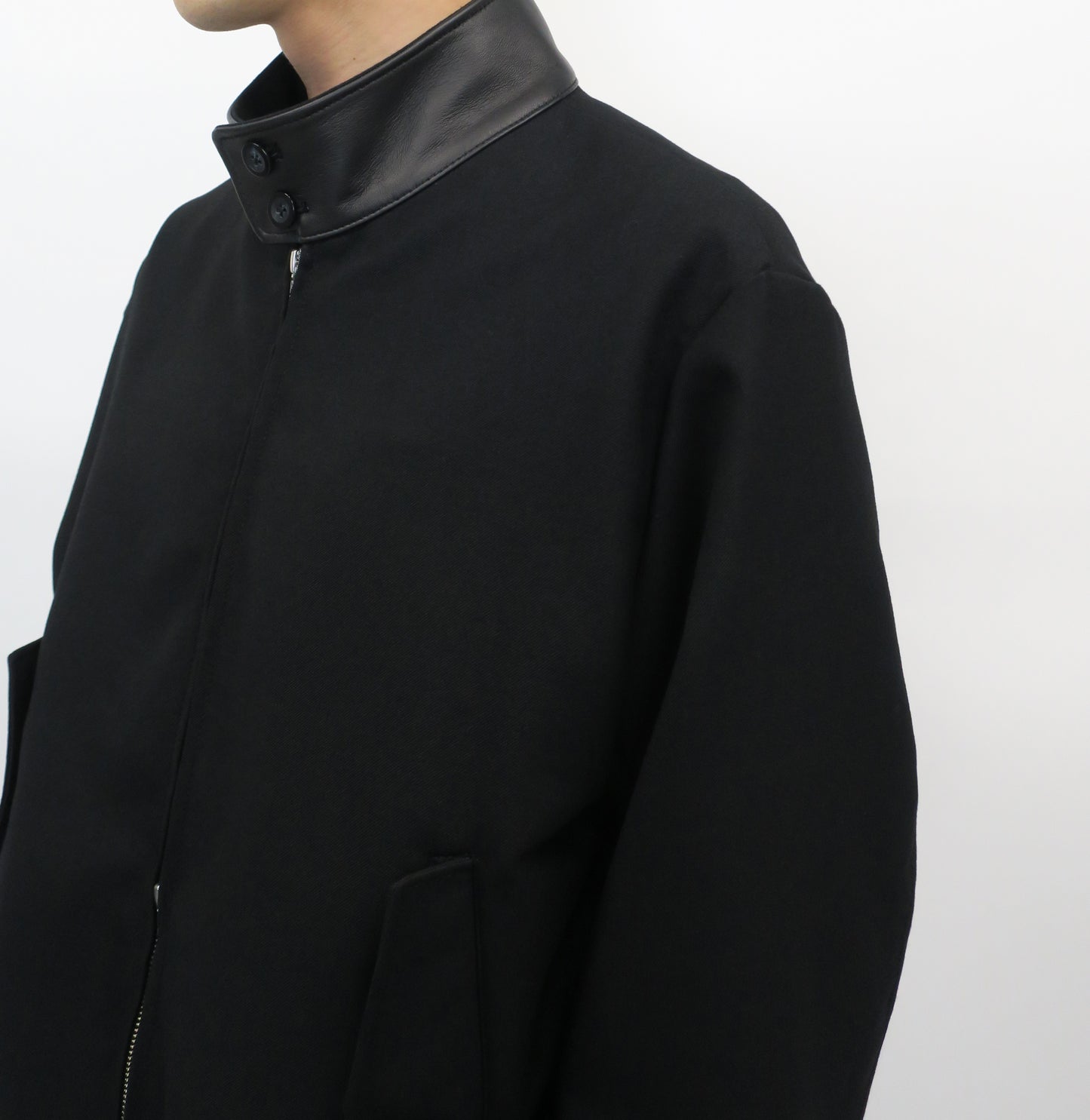 SHEEP LEATHER COLLAR GABARDINE SWING TOP/ BLACK