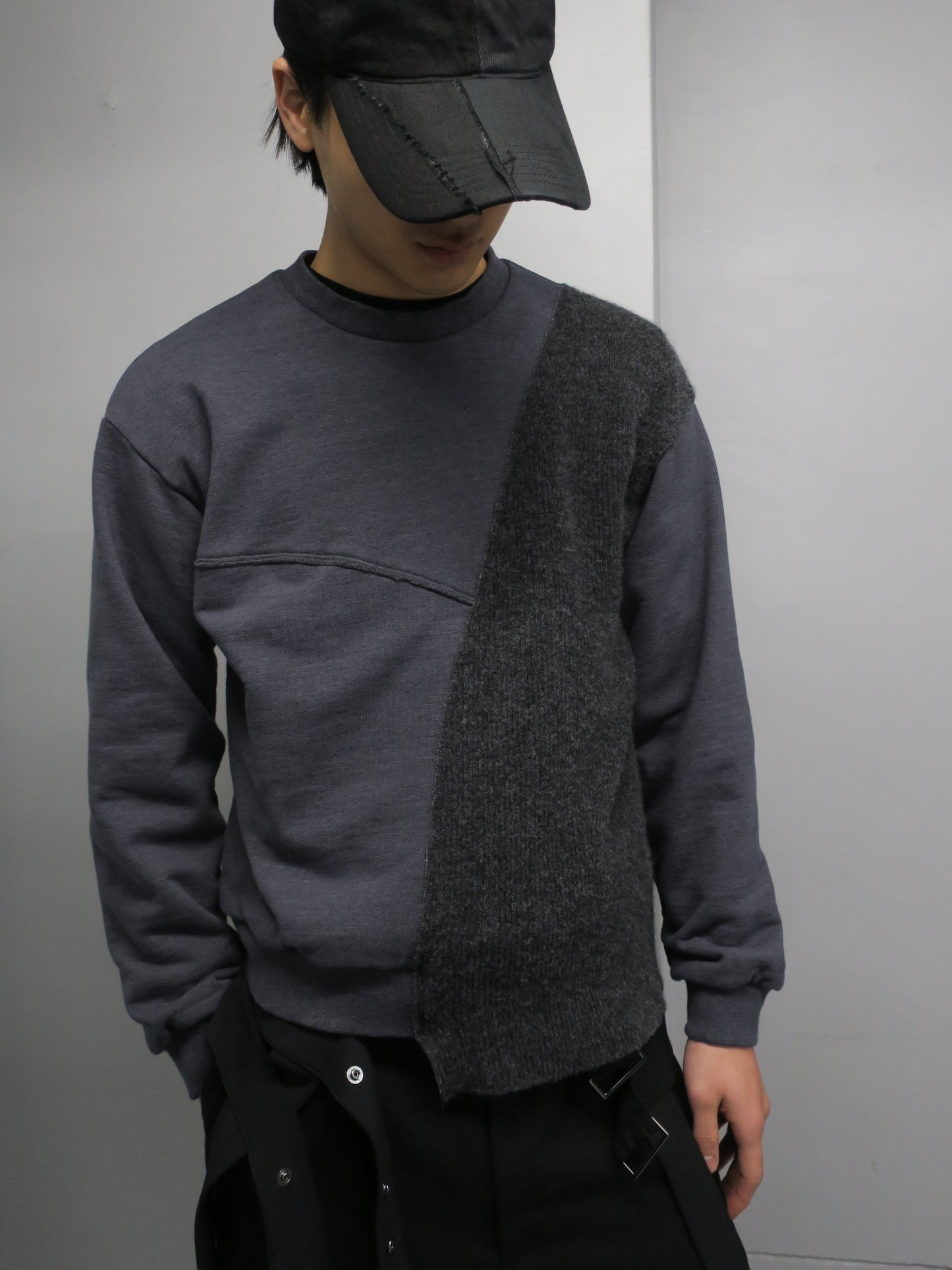 REBUILT TEXTURED PANEL KNIT COMBI SWEATSHIRT/ D-GRAY