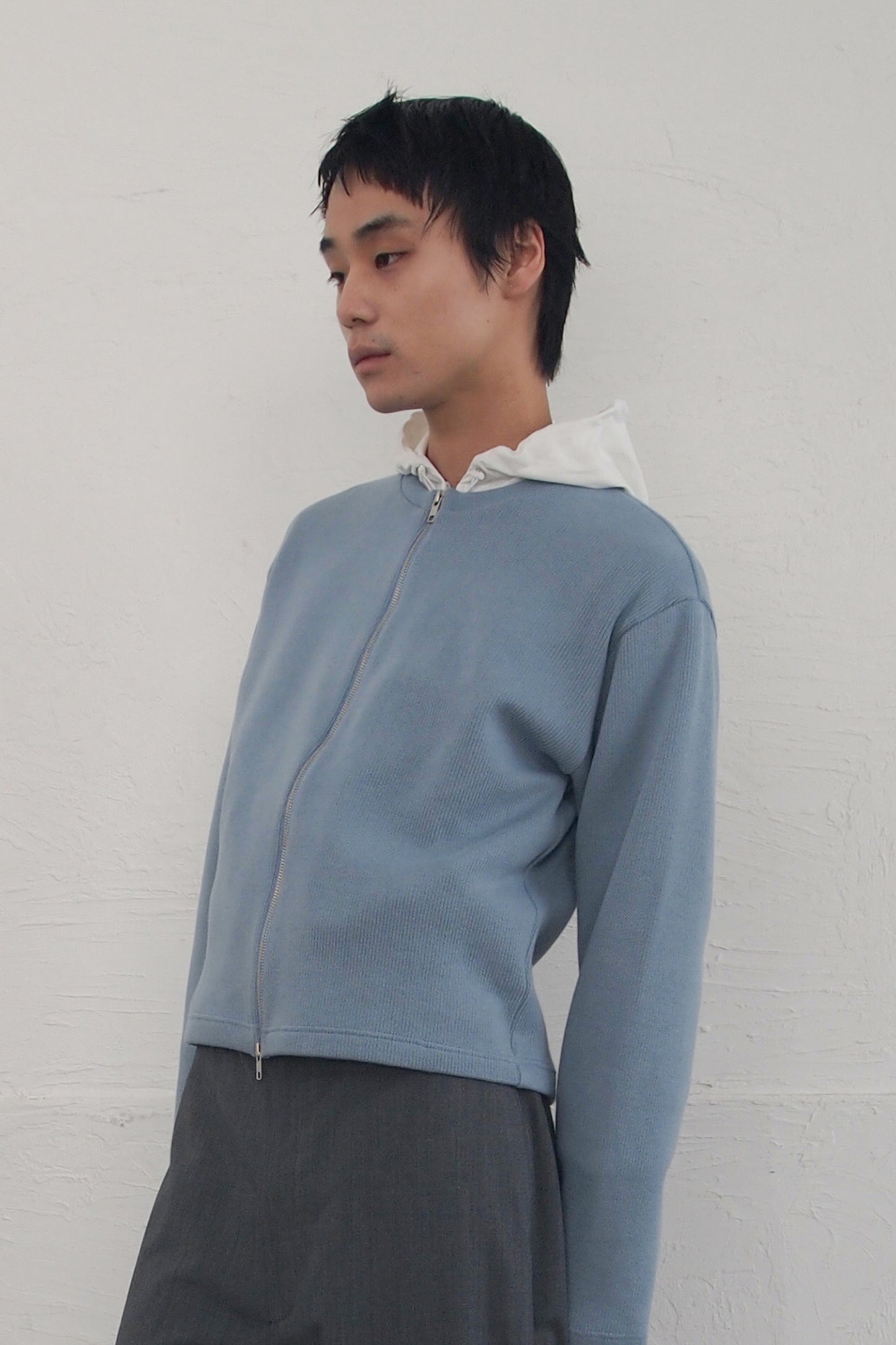 【SAMPLE】SOFT KNIT MATERIAL W ZIP CARDIGAN/ L.BLUE