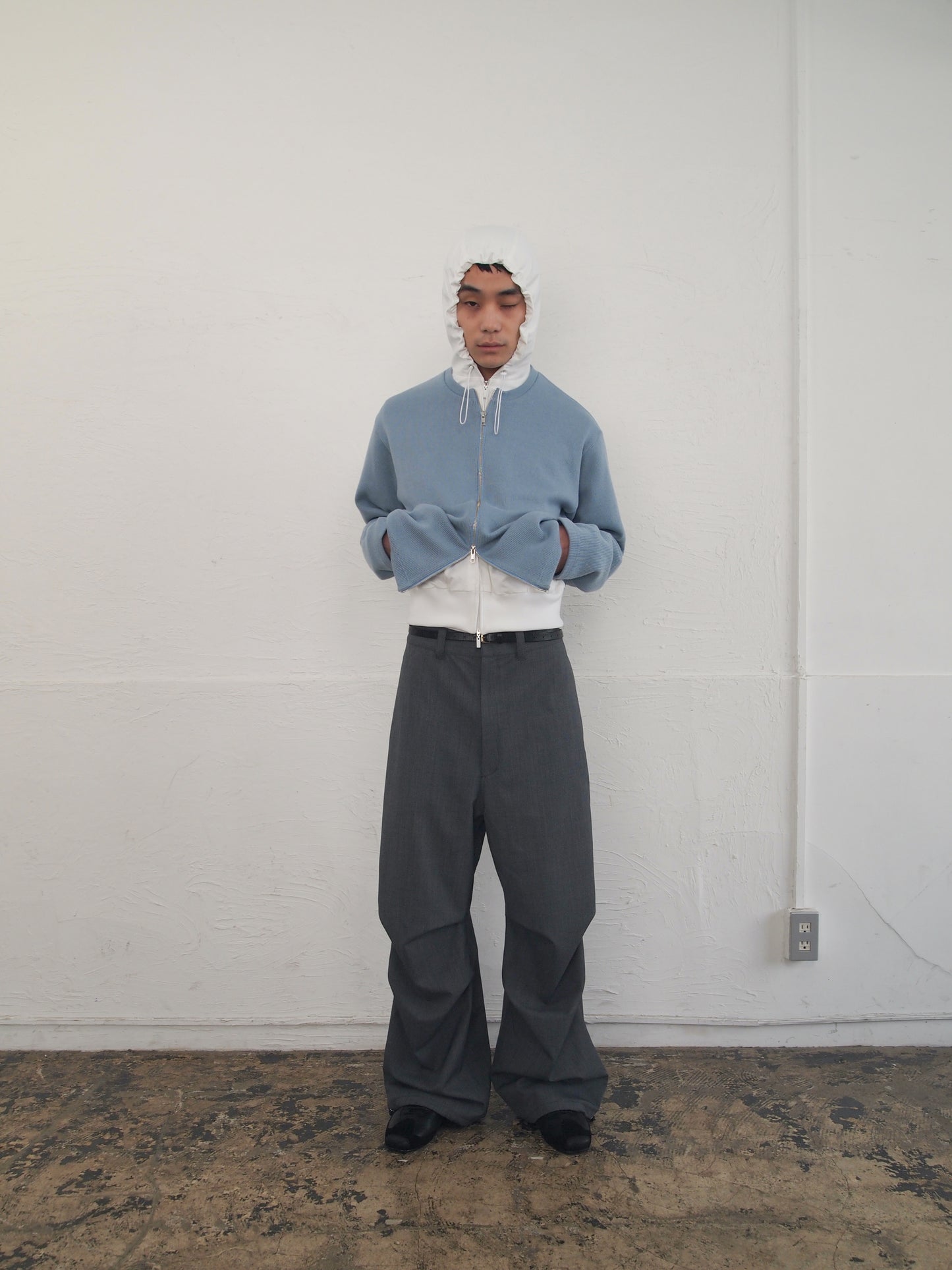 【SAMPLE】SOFT KNIT MATERIAL W ZIP CARDIGAN/ L.BLUE