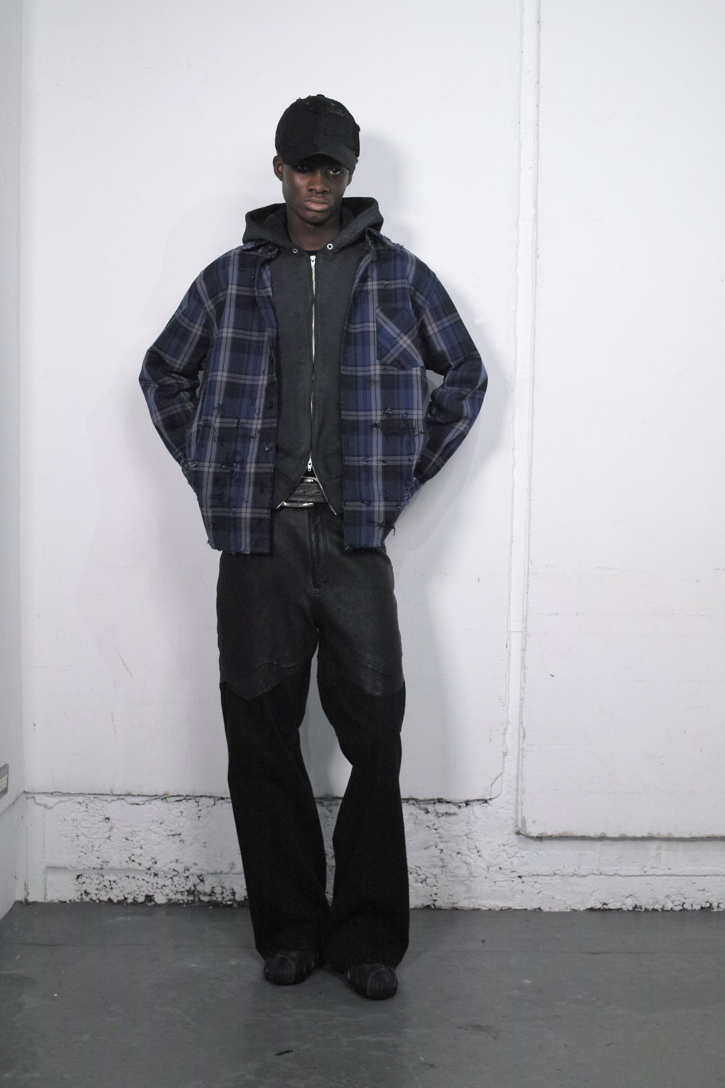 COW LEATHER × DENIM SABBATH  TROUSERS  / BLACK