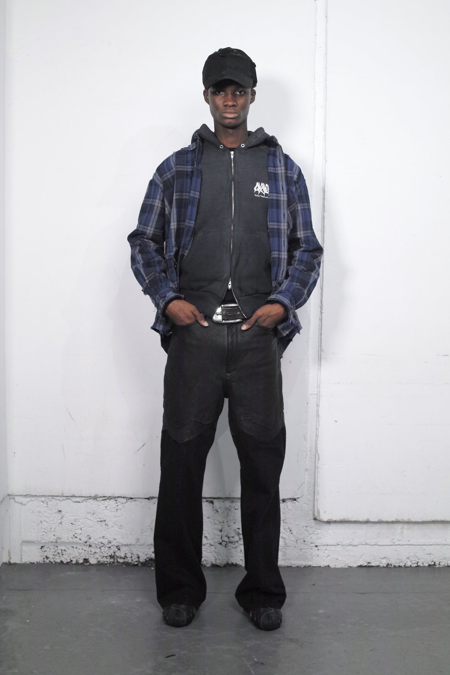 COW LEATHER × DENIM SABBATH  TROUSERS  / BLACK
