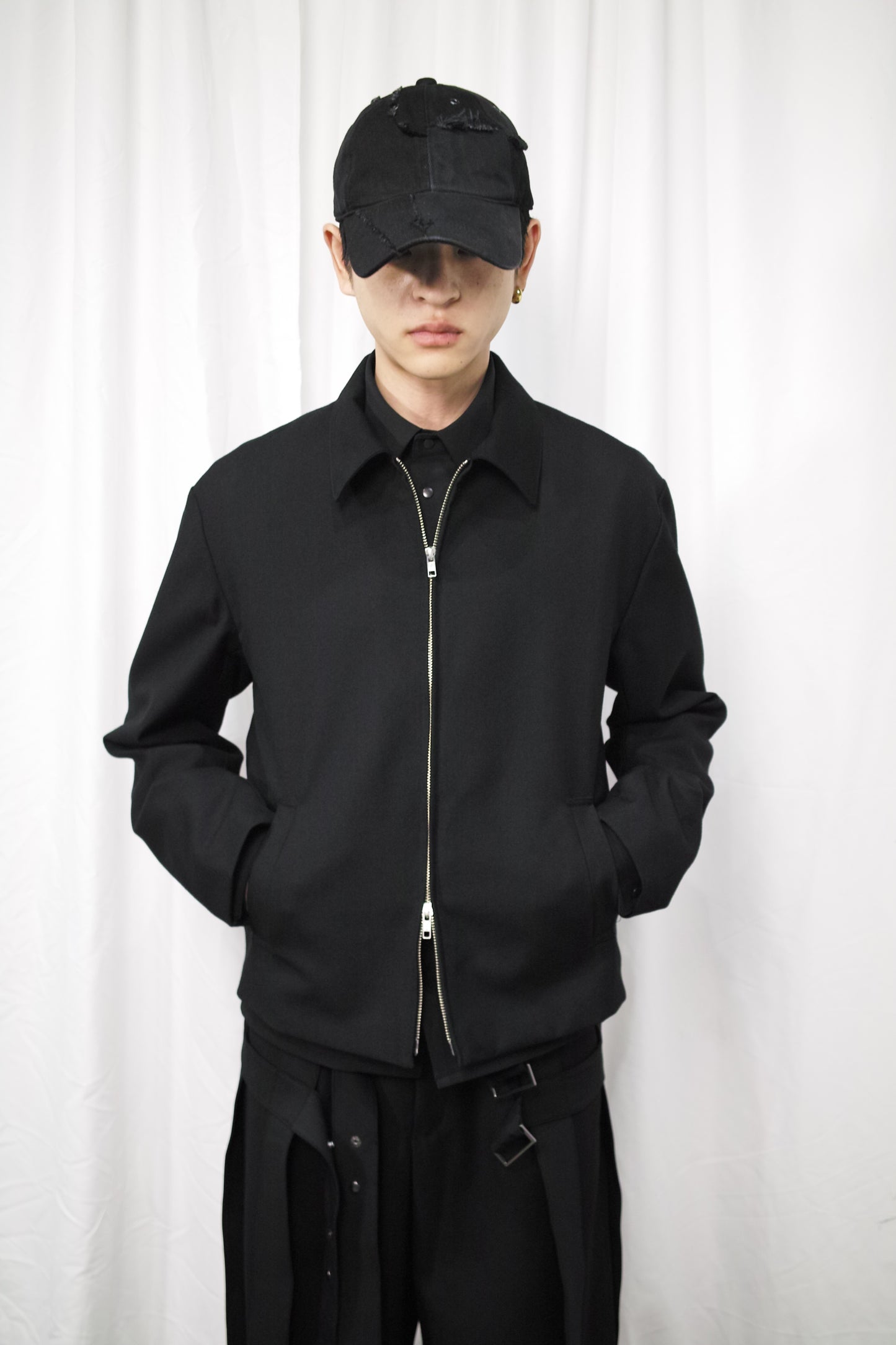 GABARDINE WOOL  W ZIP JACKET/ BLACK