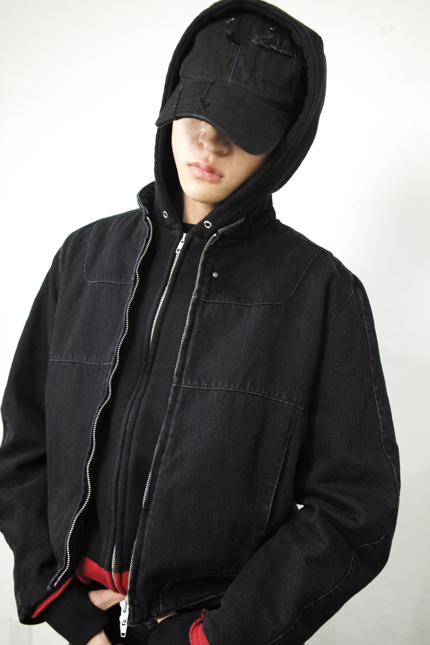 13oz DENIM×RIB PANEL THREE-D BLOUSON/ BLACK