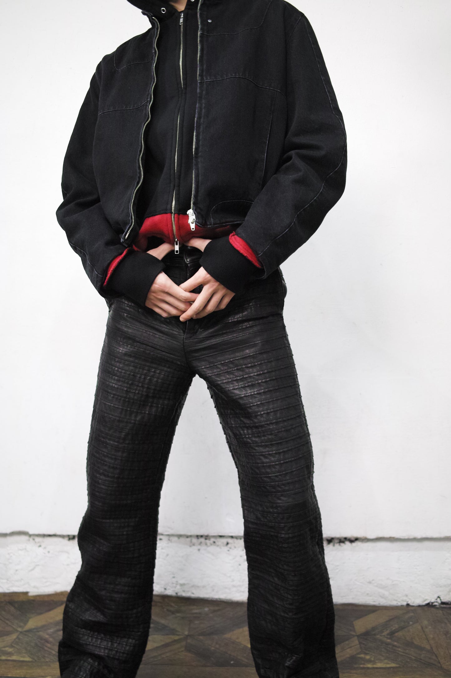 13oz DENIM×RIB PANEL THREE-D BLOUSON/ BLACK