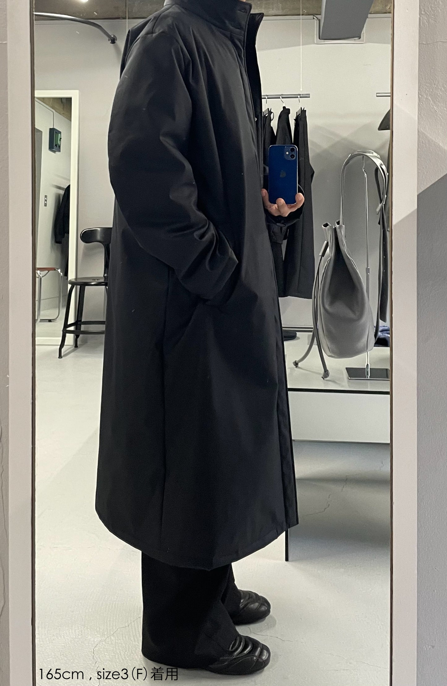 IRIDESCENT STAND-COLLAR LONG COAT/ BLACK