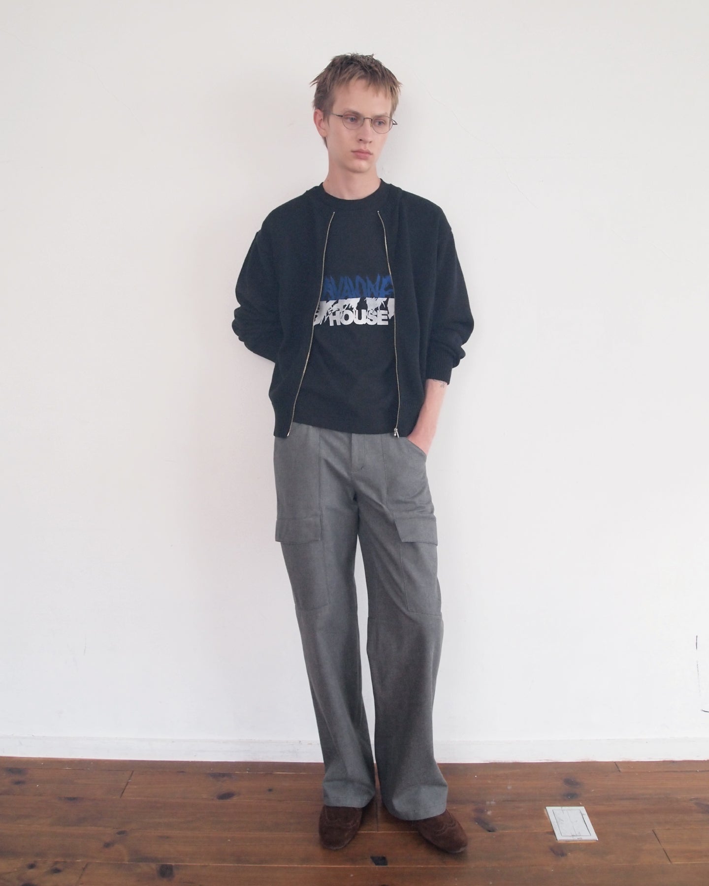 【LIMITED】COTTON LINEN CREW NECK KNIT ZIP CARDIGAN/ BLACK