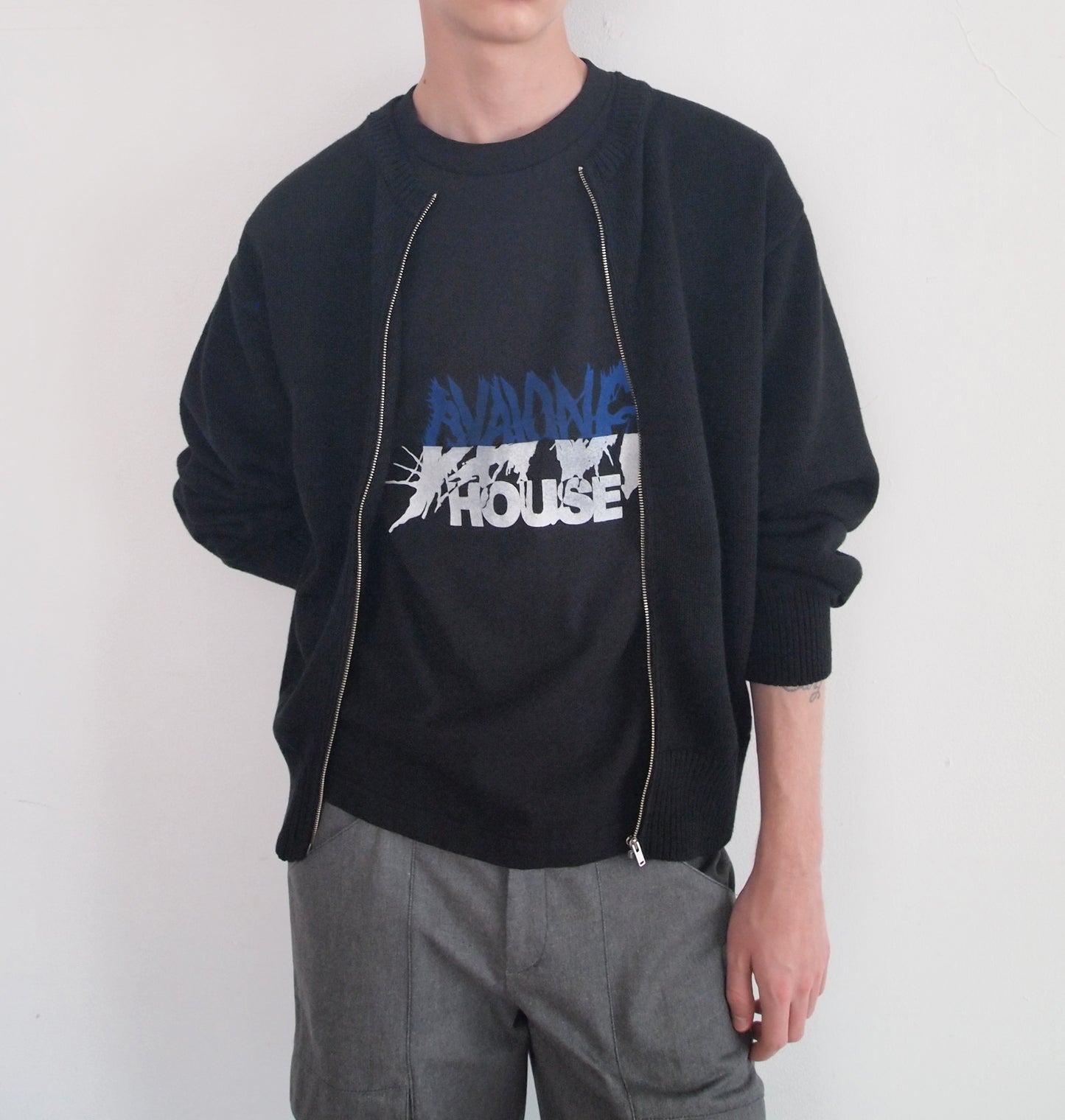 【LIMITED】COTTON LINEN CREW NECK KNIT ZIP CARDIGAN/ BLACK