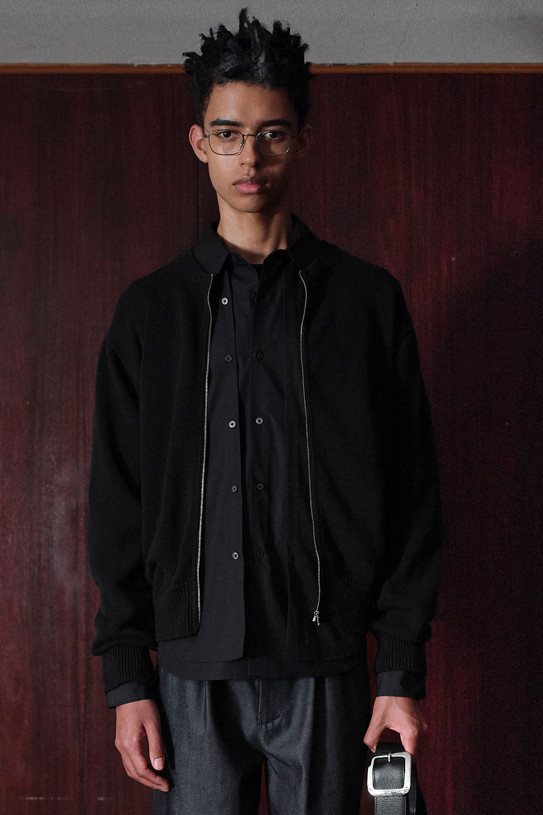 【LIMITED】COTTON LINEN CREW NECK KNIT ZIP CARDIGAN/ BLACK