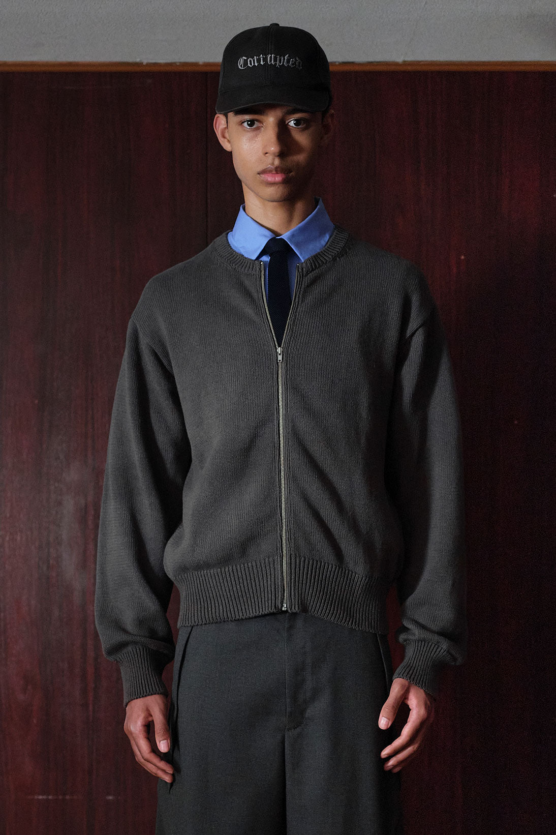 【LIMITED】COTTON LINEN CREW NECK KNIT ZIP CARDIGAN/ GRAY