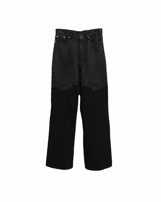 COW LEATHER × DENIM SABBATH  TROUSERS  / BLACK