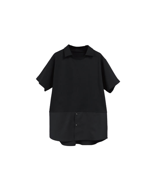 COMBINED FABRIC LAYERED COLLAR T-SHIRTS/ BLACK