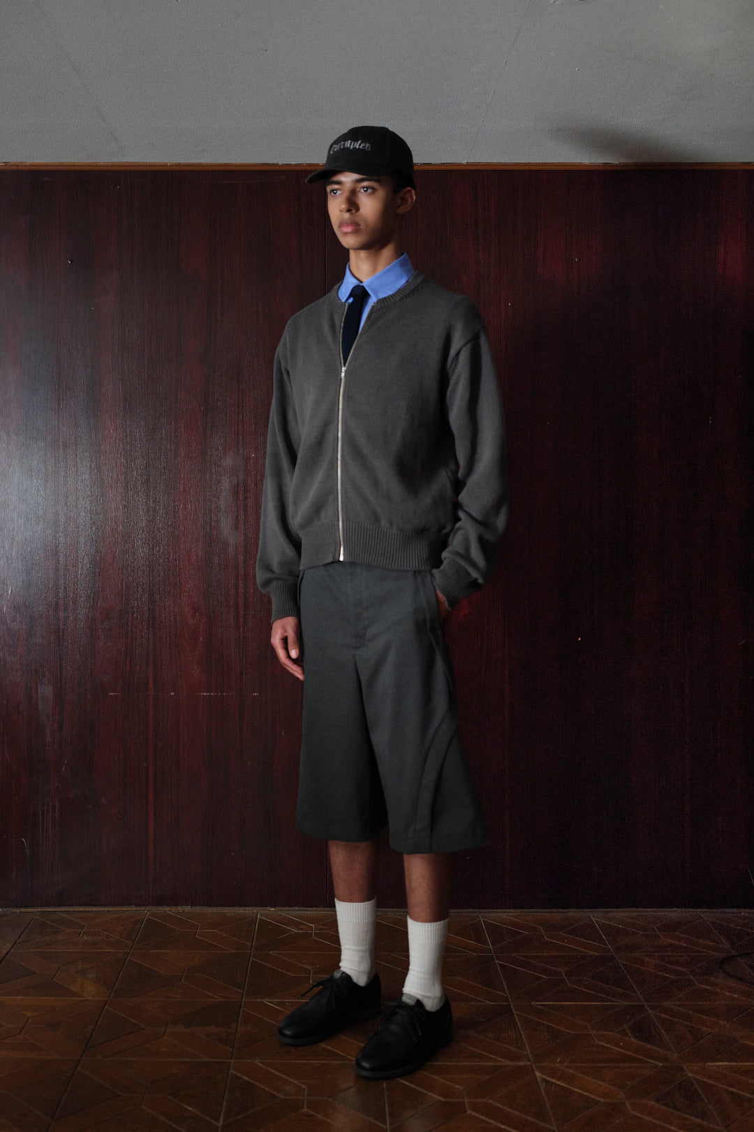 【LIMITED】COTTON LINEN CREW NECK KNIT ZIP CARDIGAN/ GRAY