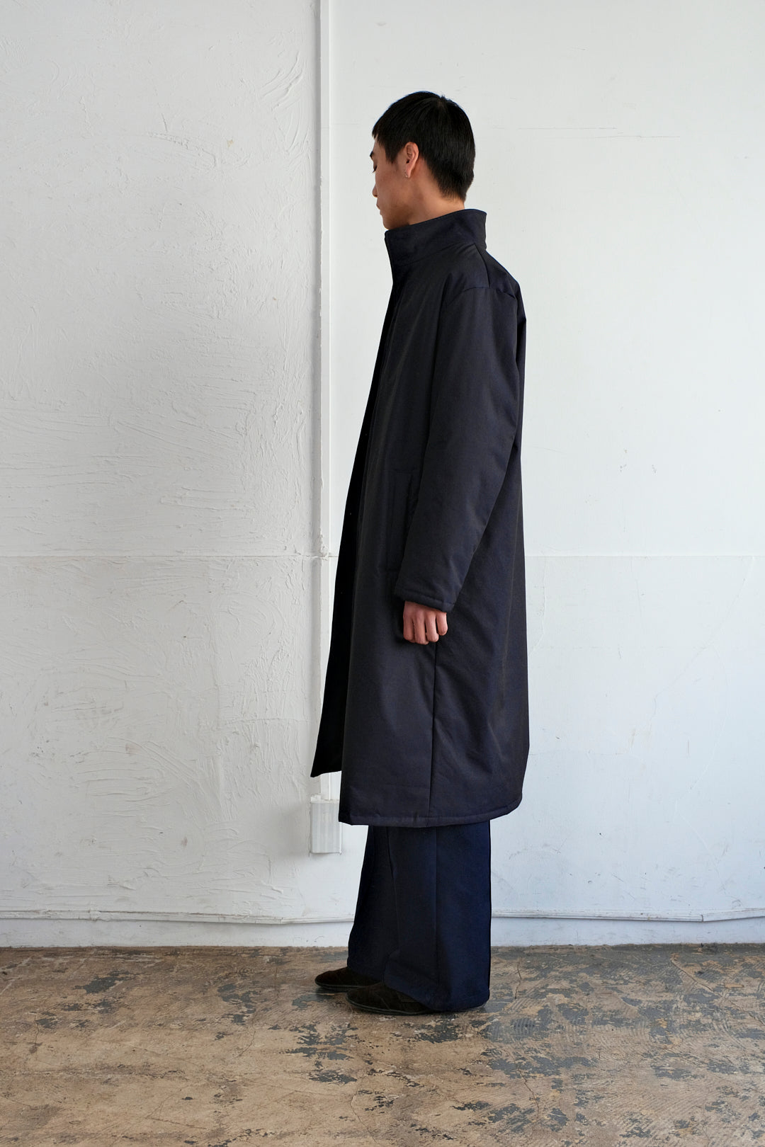 IRIDESCENT STAND-COLLAR LONG COAT/ MID NAVY