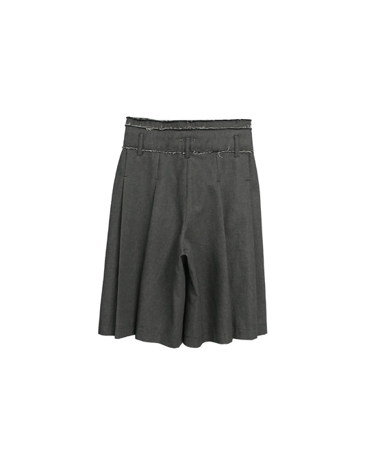 11oz WASHED DENIM PLEATS ACTION CROPPED WIDE TROUSERS/ D-GY