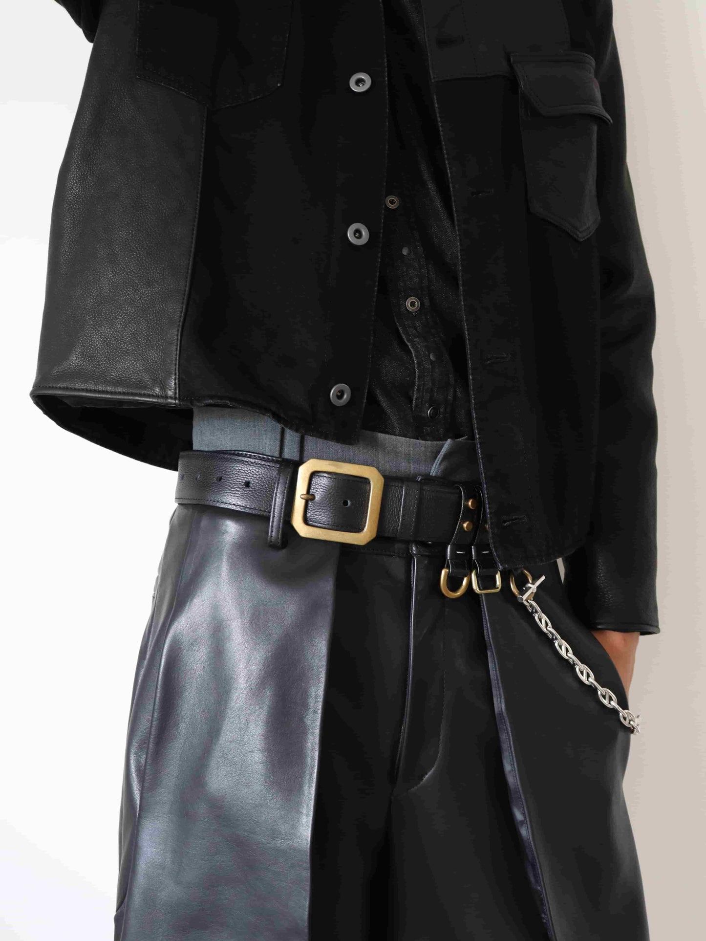 [LIMITED] COW LEATHER TRIPLE STRAP MIXED HARDWARE BELT / BLACK