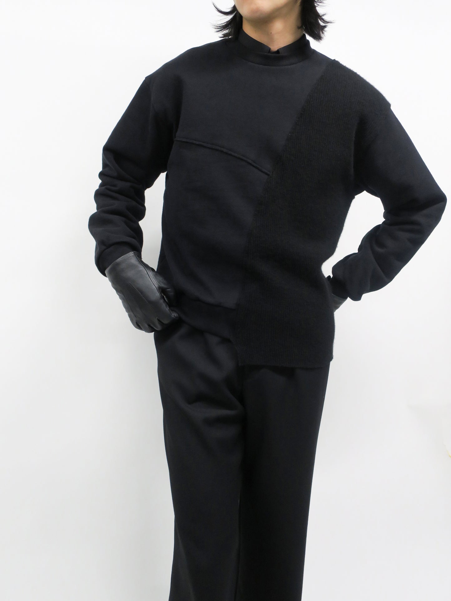 REBUILT TEXTURED PANEL KNIT COMBI SWEATSHIRT/ BLACK