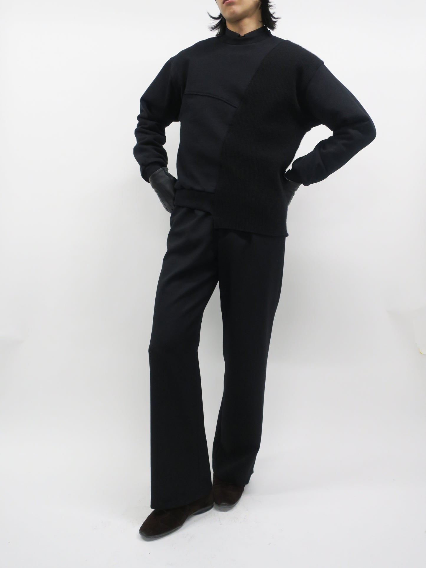 REBUILT TEXTURED PANEL KNIT COMBI SWEATSHIRT/ BLACK