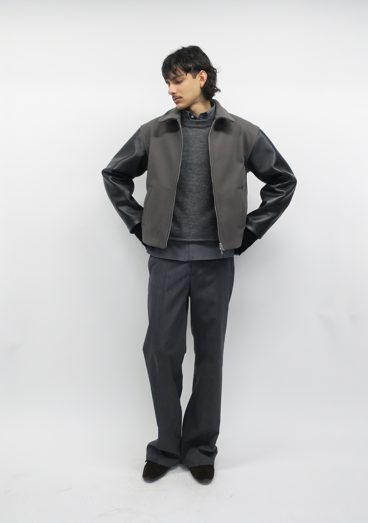 【RE-STOCK】ORIGINAL FULLING MELTON×COW LEATHER AUTHENTIC JACKET/ ORIGINAL GRAY×BLACK