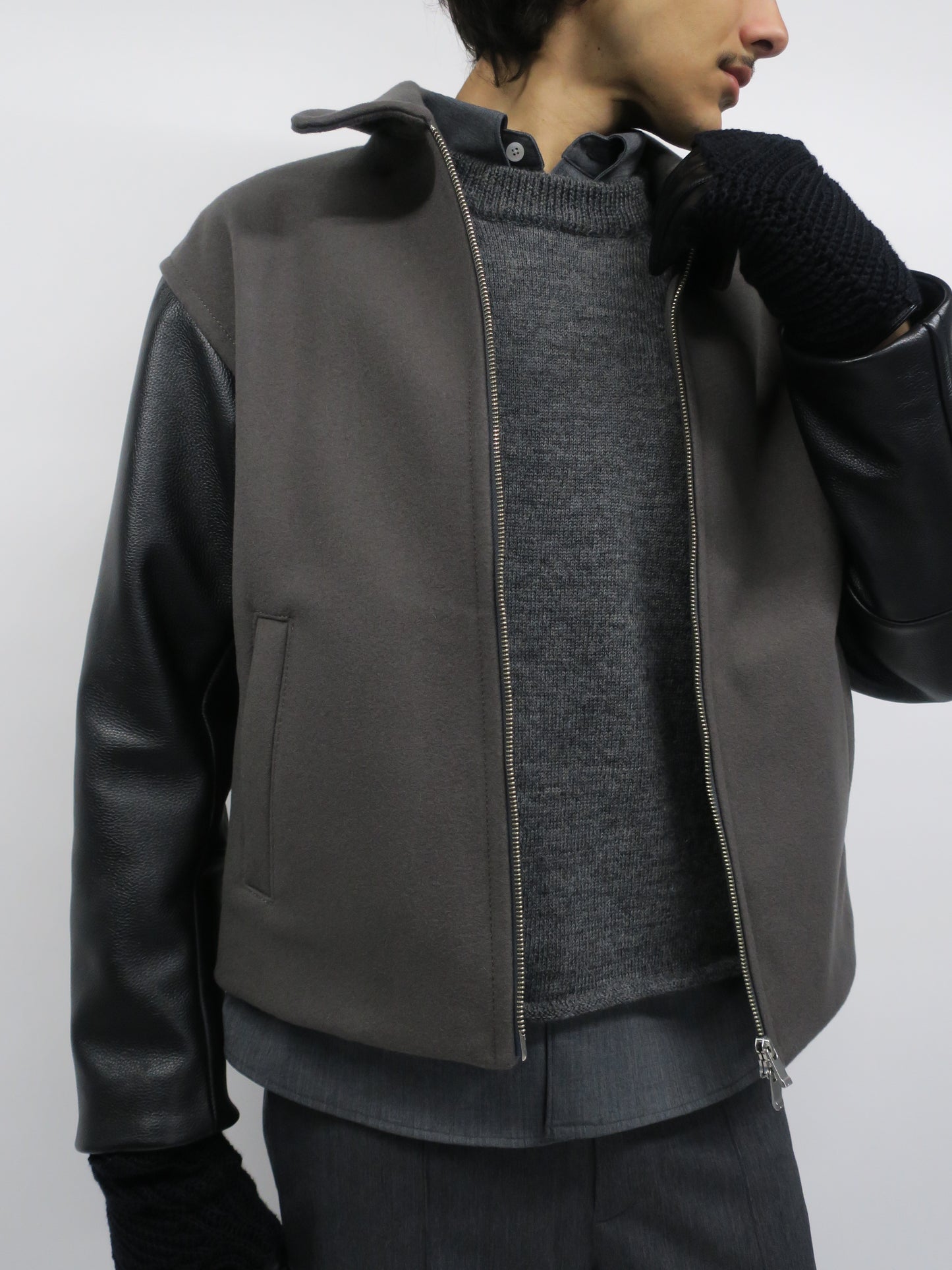 【RE-STOCK】ORIGINAL FULLING MELTON×COW LEATHER AUTHENTIC JACKET/ ORIGINAL GRAY×BLACK