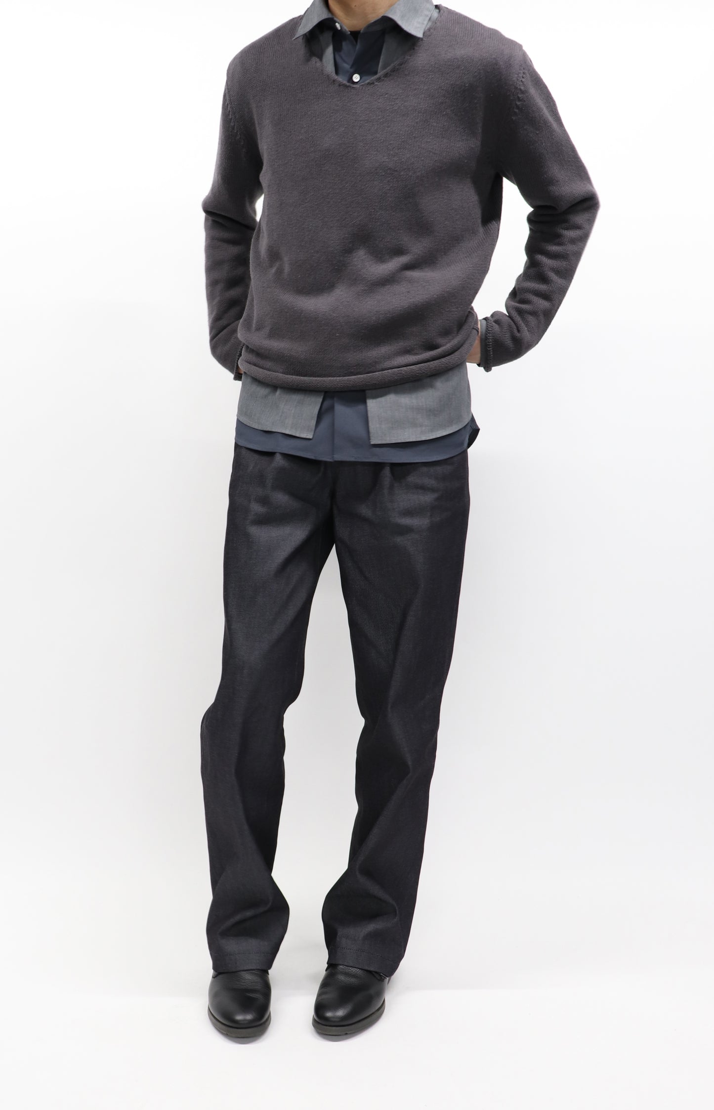 【LIMITED】COTTON LINEN RIBLESS V NECK KNIT