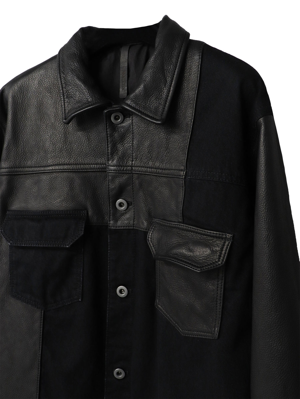 【LIMITED PRE-ORDER】COW LEATHER×DENIM PANELED JACKET/ BLACK