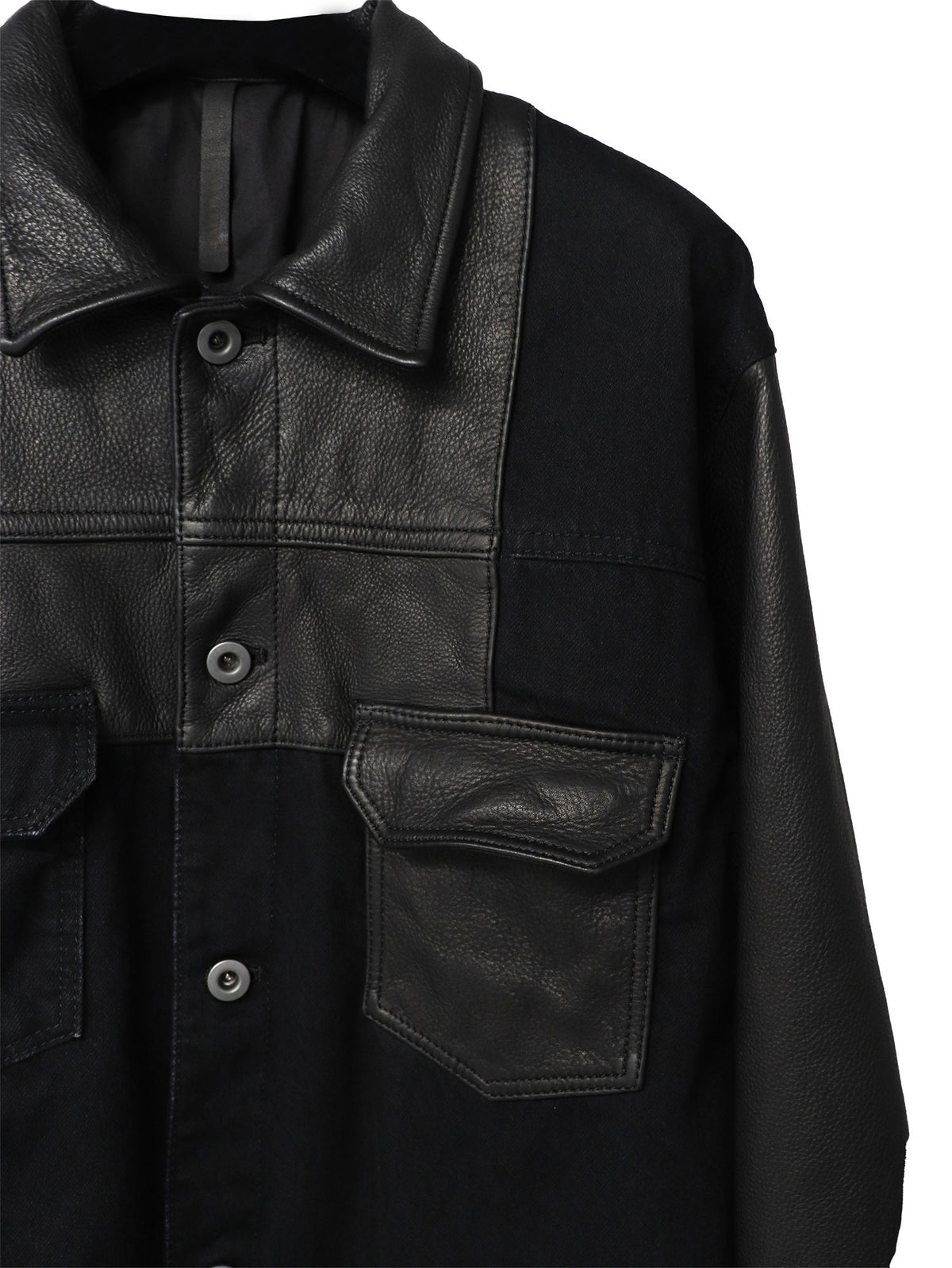 【LIMITED PRE-ORDER】COW LEATHER×DENIM PANELED JACKET/ BLACK