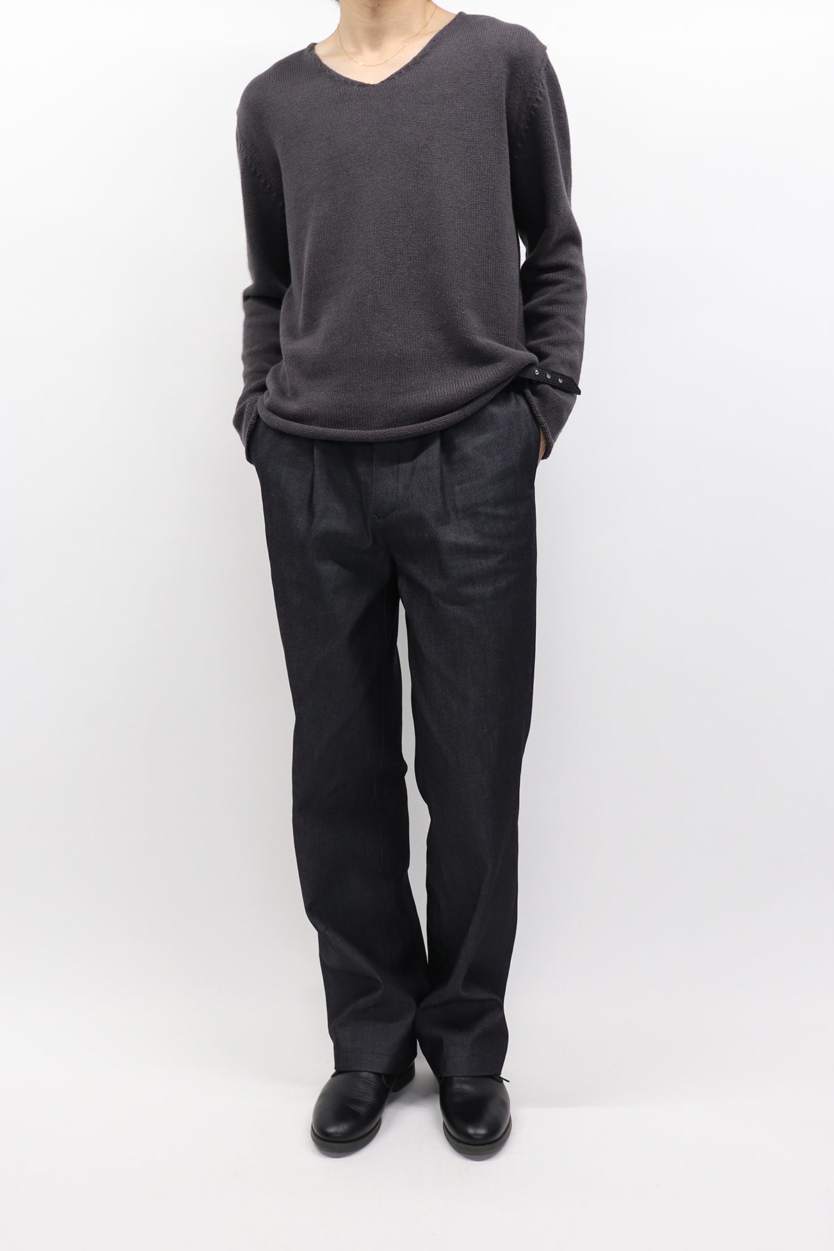 【LIMITED】COTTON LINEN RIBLESS V NECK KNIT