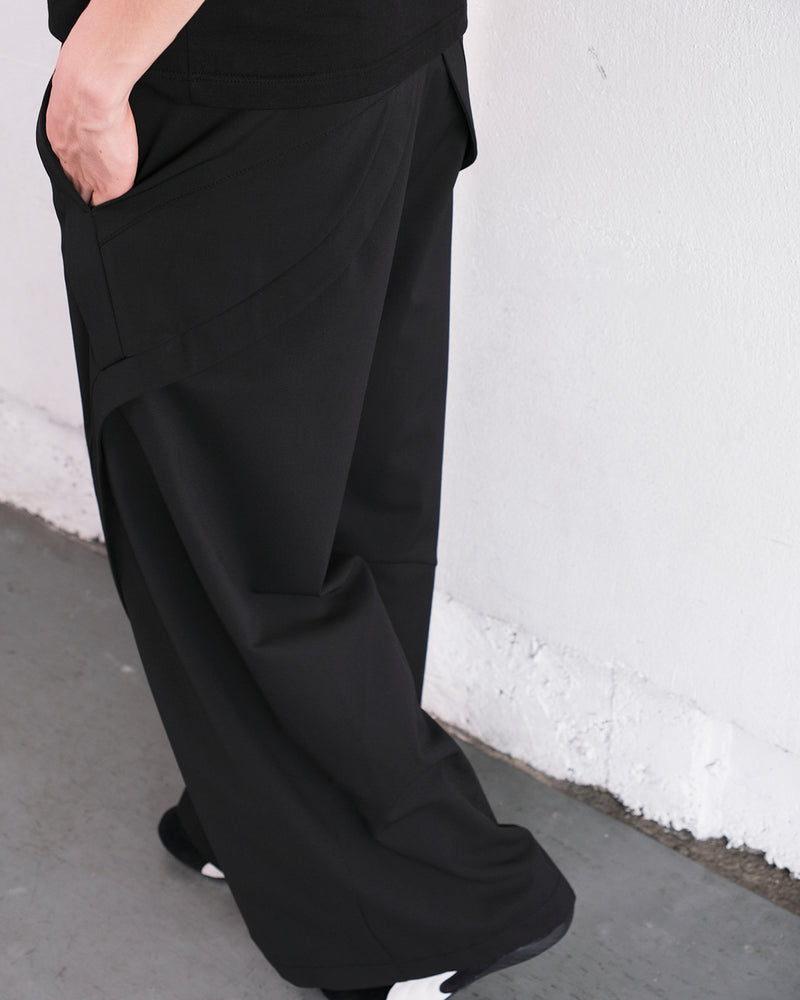 THREE-D STREAM VIRGIN WOOL WIDE TROUSERS / BLACK