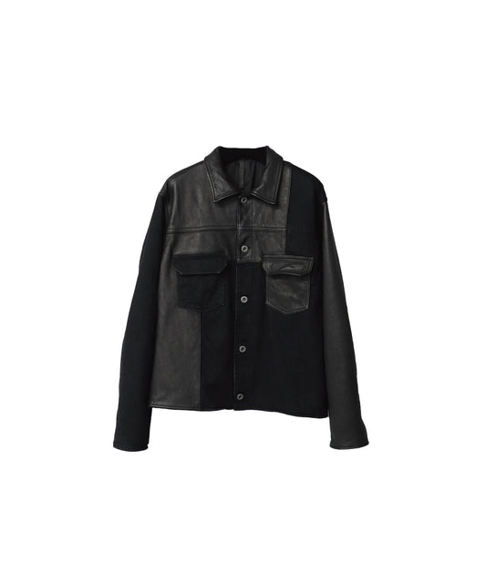 【LIMITED PRE-ORDER】COW LEATHER×DENIM PANELED JACKET/ BLACK