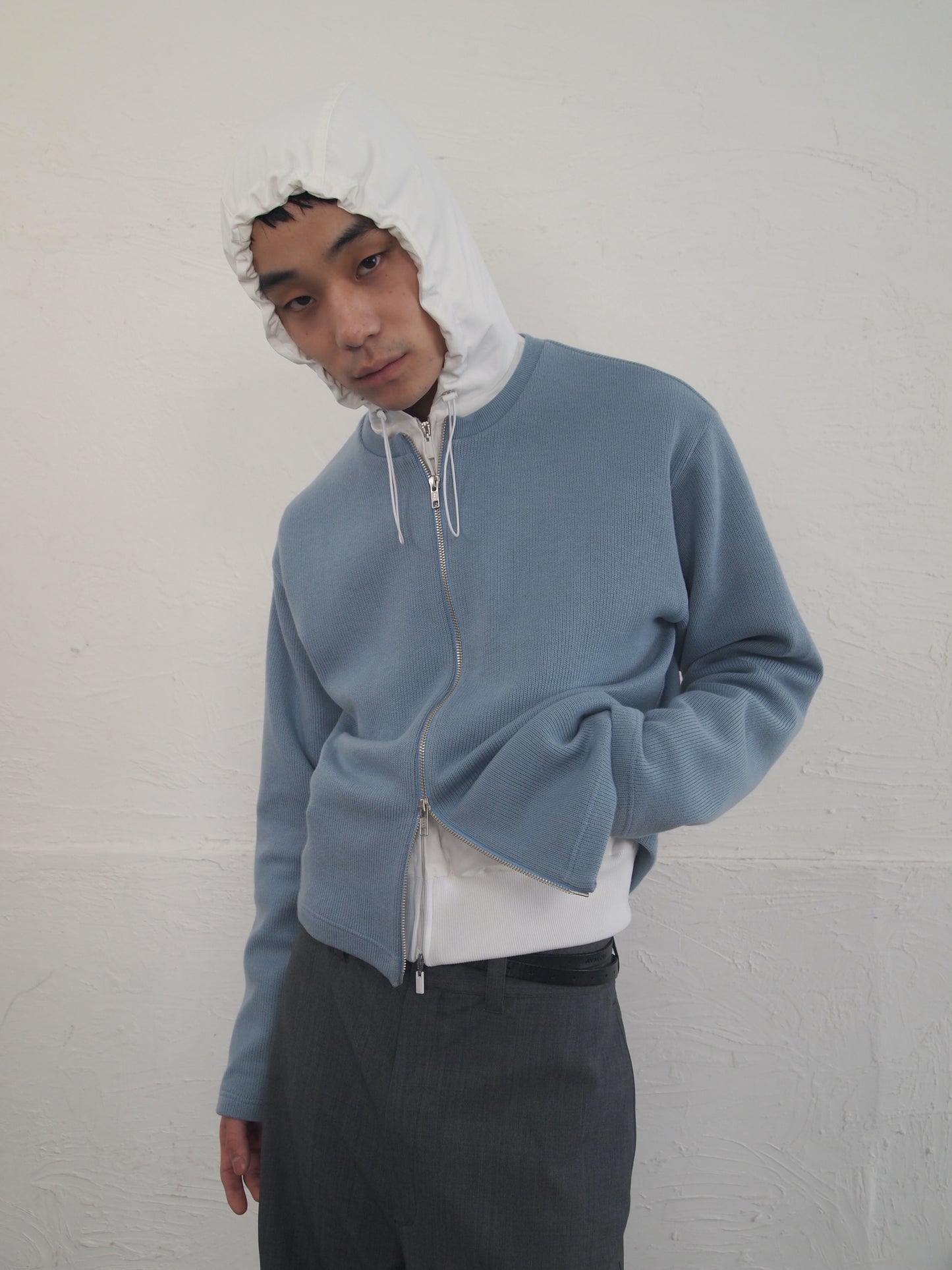 【SAMPLE】SOFT KNIT MATERIAL W ZIP CARDIGAN/ L.BLUE