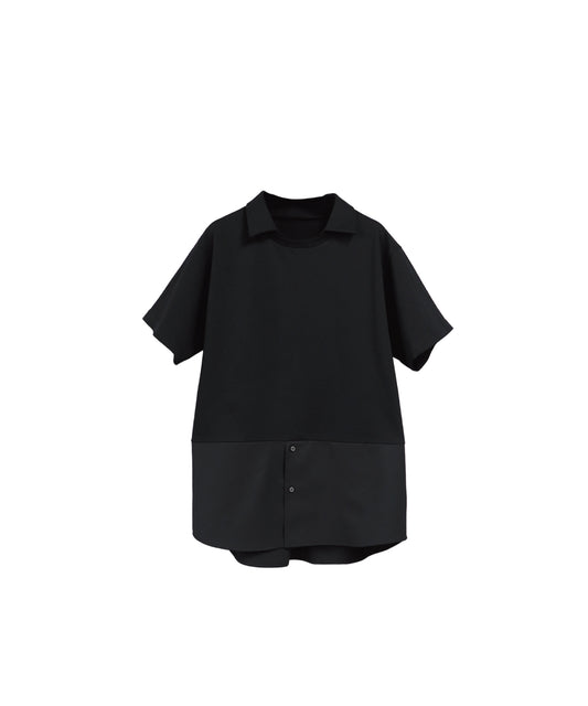 COMBINED FABRIC LAYERED COLLAR T-SHIRTS/ BLACK